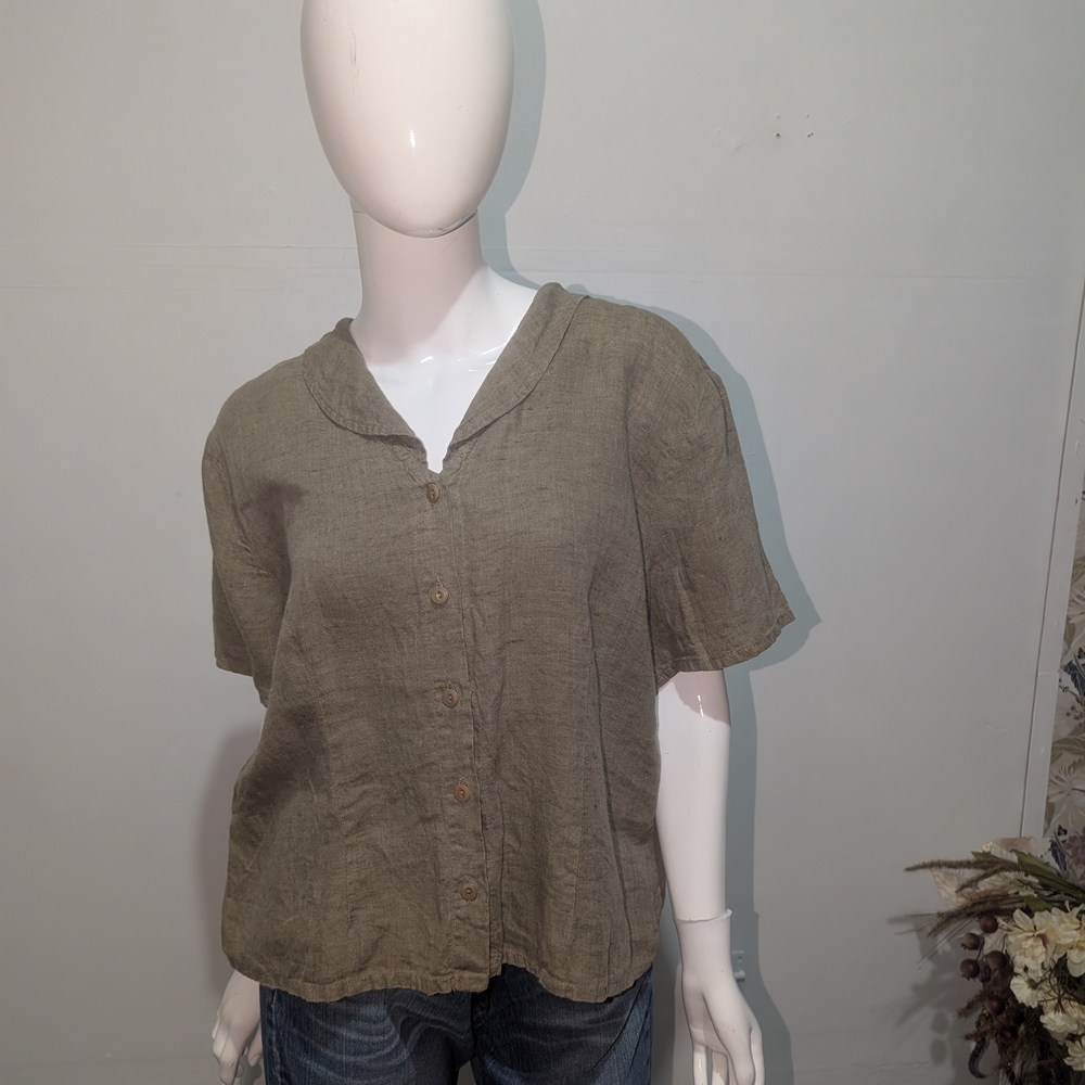 Flax Olive Green Button-Up Linen Top Size medium - Picture 2 of 6